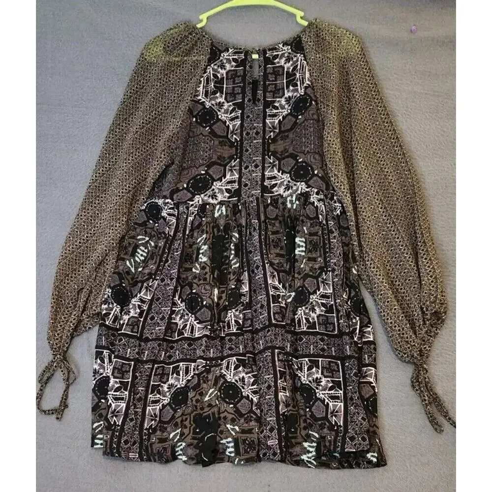 Free People Dress Oksana Print Mosaic‎ Whimsigoth Boho XS 0 Flare Skirt Empire